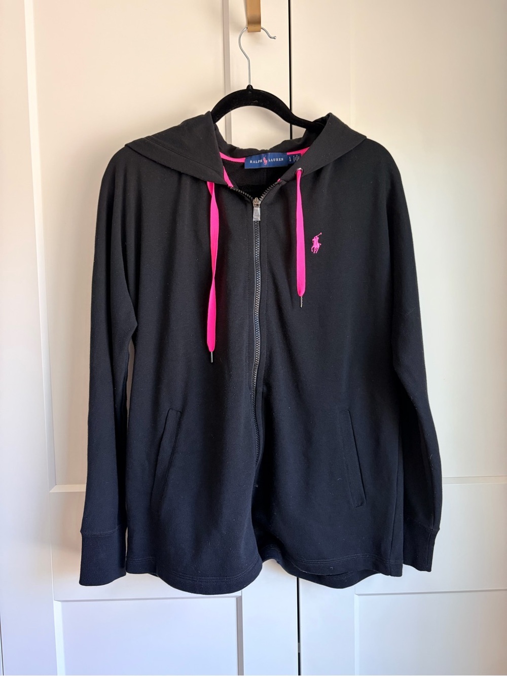 Ralph Lauren Black Zip Hoodie with Hot Pink Accents | L